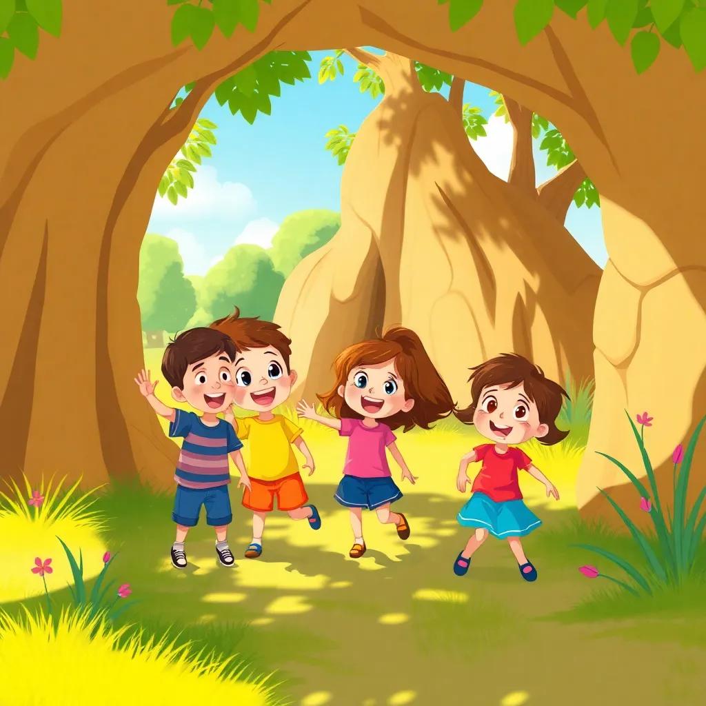 A sunny day outside Dilly's cave, children playing near trees, looking happy, colorful clothes, excited expressions, the scene is cheerful and vibrant, illustration, engaging