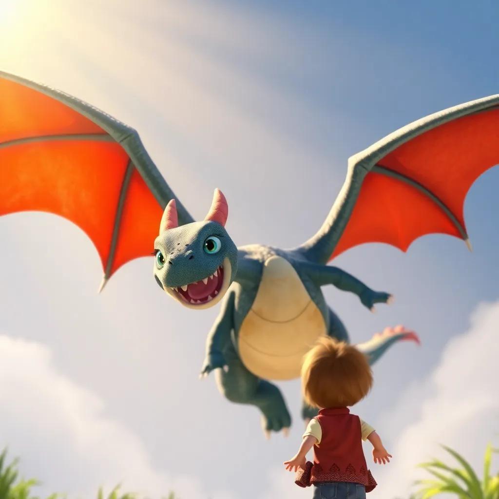 Dilly the dragon, with big, friendly wings, flying toward the children with a welcoming smile, sunlight shining on them, creating a warm atmosphere, digital art, adventurous