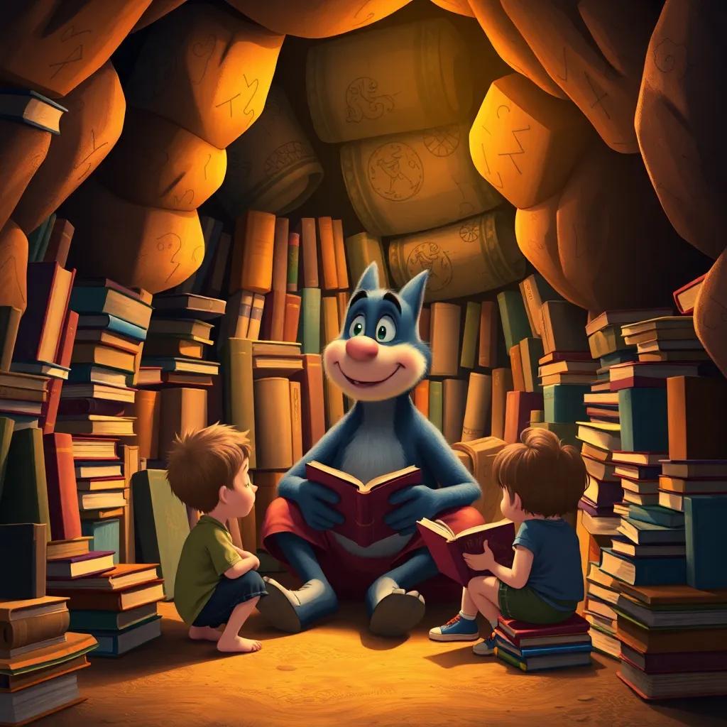 Dilly sitting in his cave surrounded by his collection of books, showing tall and short books with colorful covers, children looking amazed, warm golden light, inviting scene, detailed illustration