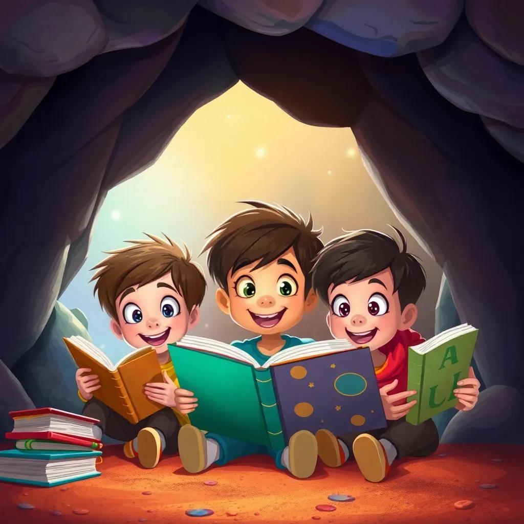 Children joyfully reading books in Dilly's cave, their eyes wide with wonder, imagining different worlds, colorful and lively atmosphere, digital painting, whimsical