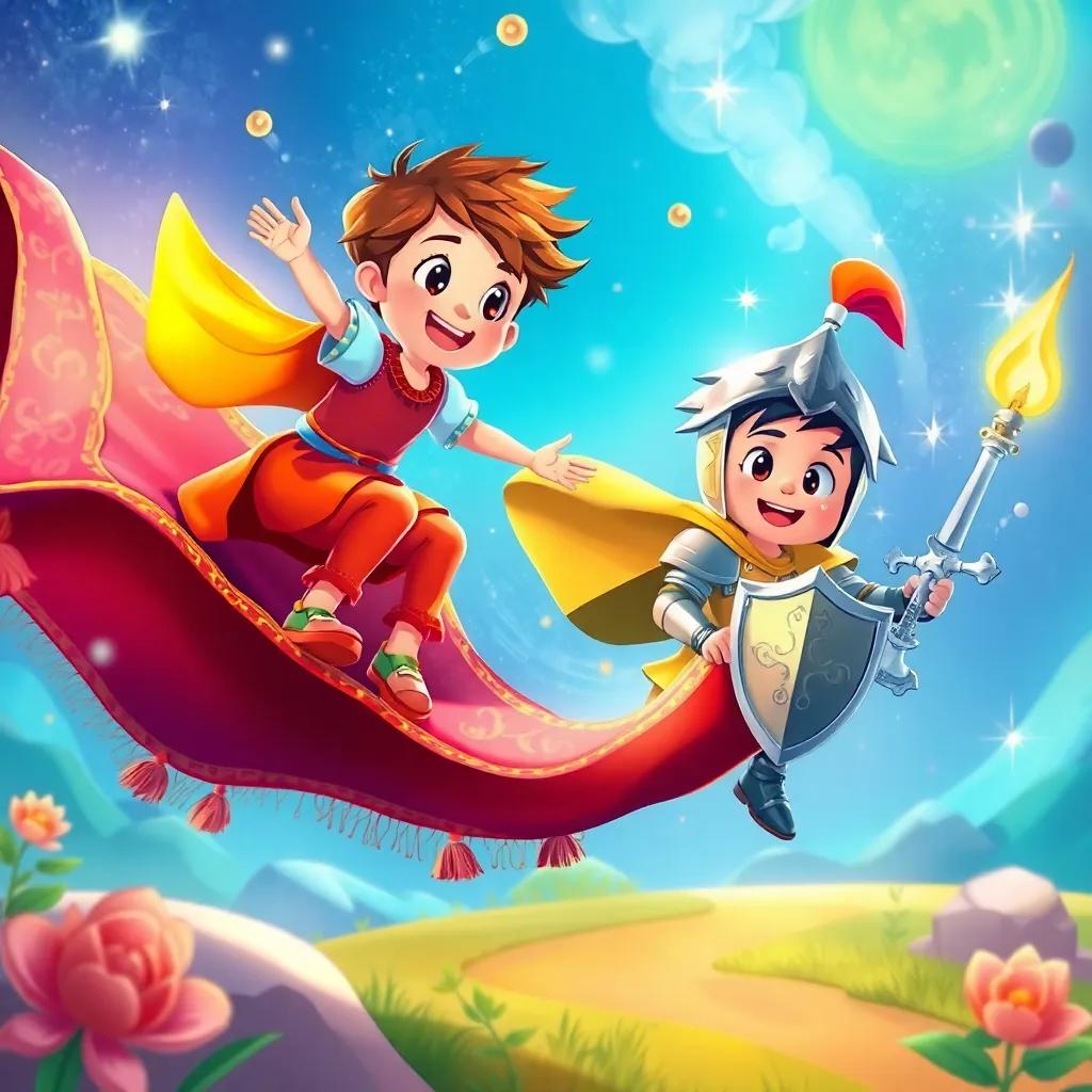 Children using their imagination, one flying on a magic carpet and another as a brave knight, magical surroundings, colorful and vibrant, dynamic scene, illustration