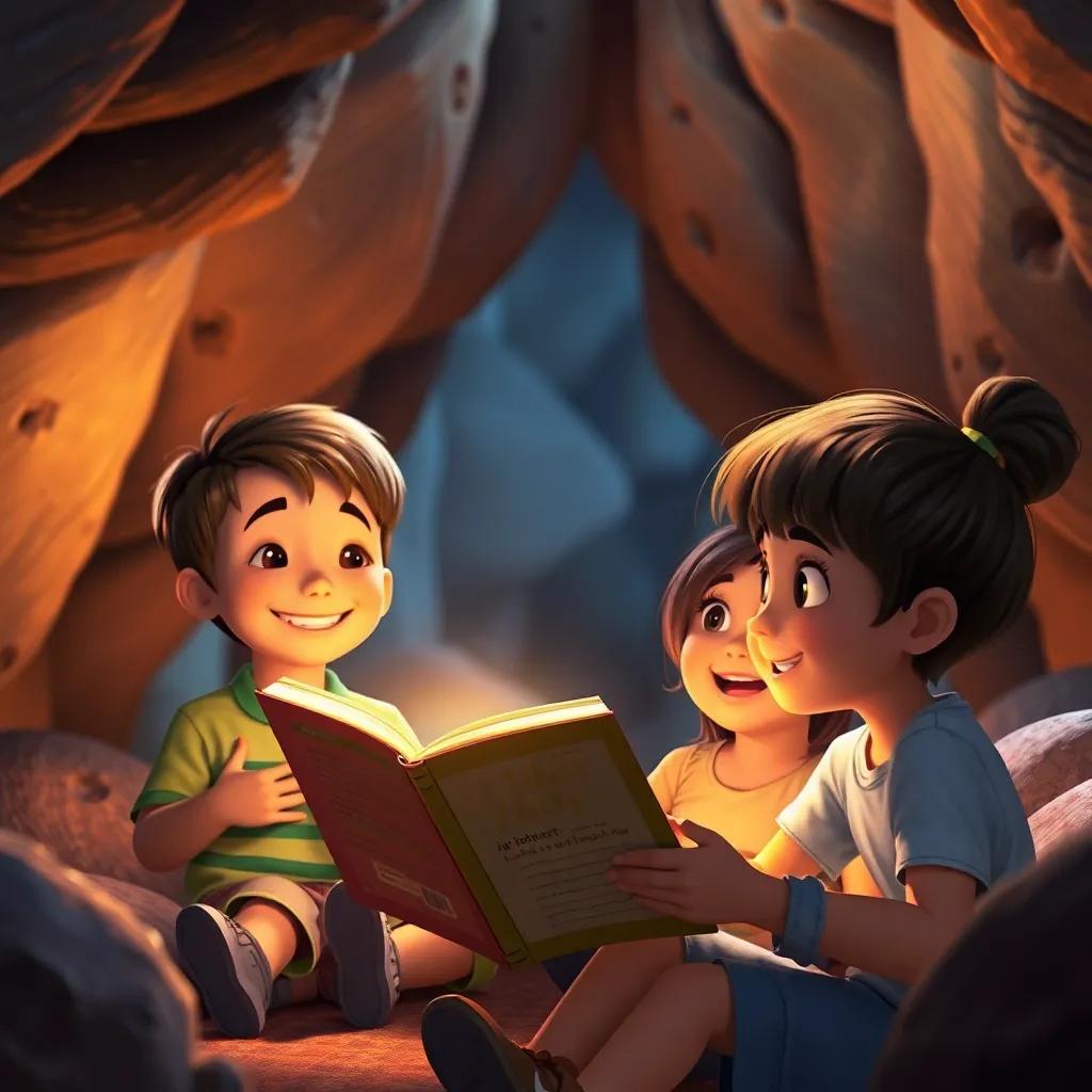 Dilly smiling, feeling happy while watching children read and imagine, warm lighting in the cave, cheerful and inviting, digital art, emotional