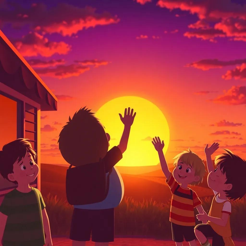 The sun setting outside as children wave goodbye to Dilly, with smiles, colorful horizon, warm colors, heartwarming scene, detailed digital art