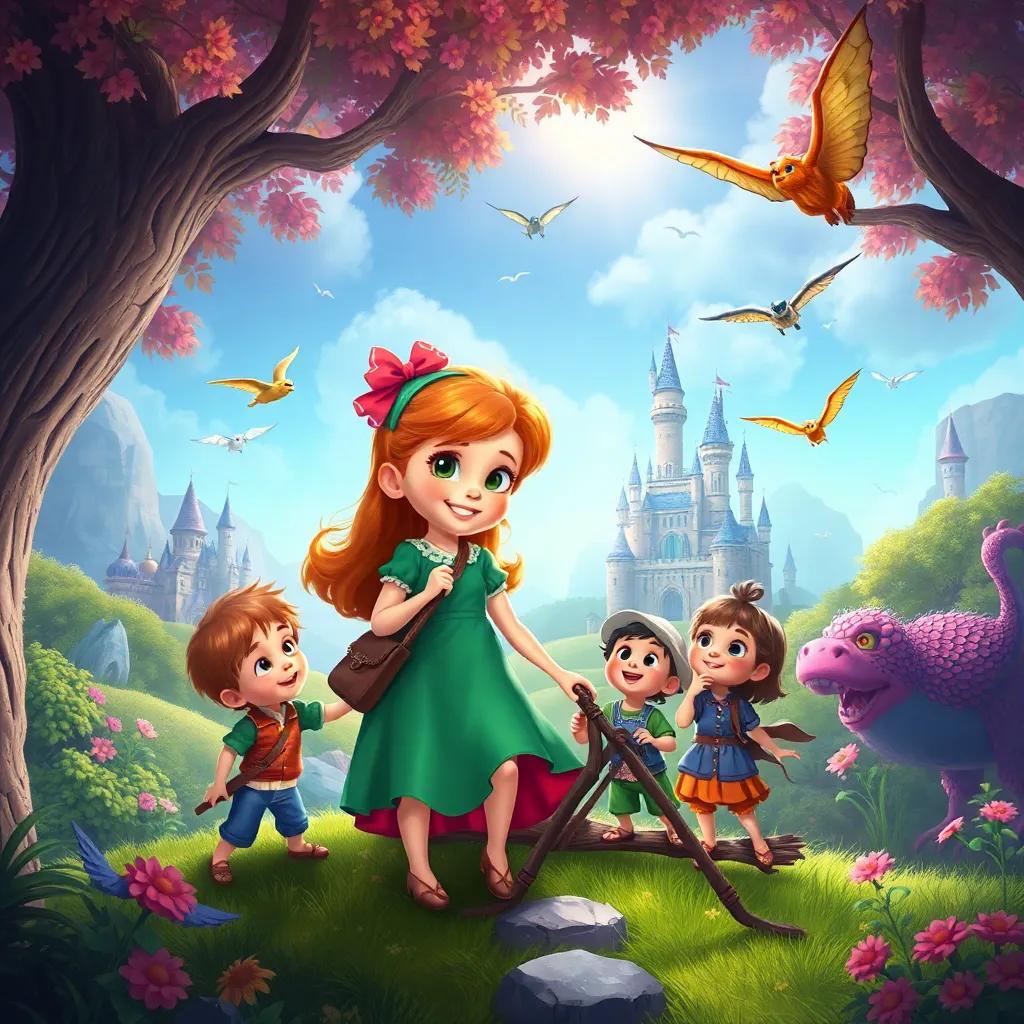 Dilly and children in a magical world from a book, with flying creatures, castles, and lush landscapes, vibrant colors, adventure theme, digital painting