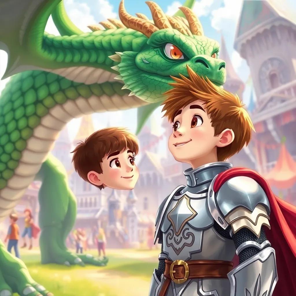 A brave knight, Sir Finley, with short brown hair and shining silver armor, looking up at a majestic dragon, Eldrin, with emerald green scales, in a bright and bustling kingdom, vibrant colors, sunny day, joyful atmosphere, digital art, high quality
