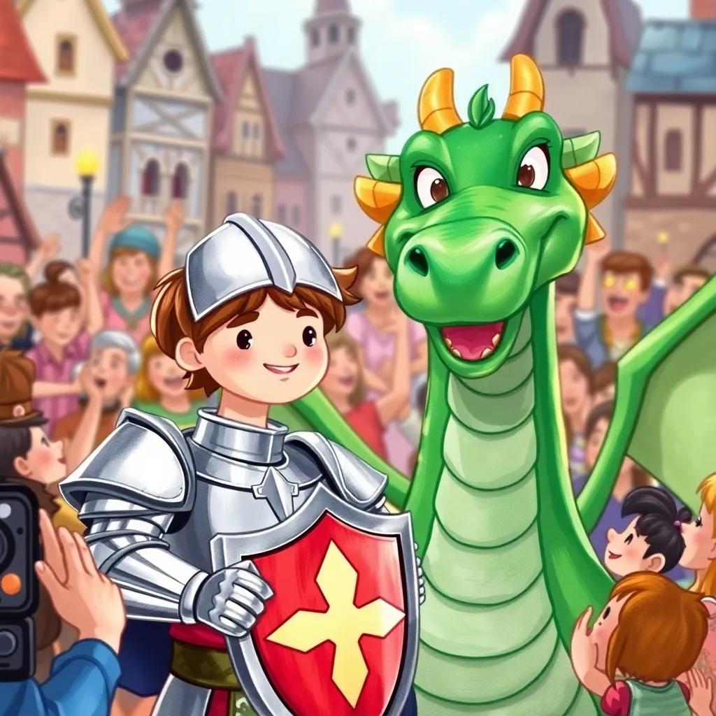 A knight, Sir Finley, with short brown hair in shining silver armor, surrounded by cheering townspeople, a majestic dragon, Eldrin, with emerald green scales, smiling widely, bright colors, festive atmosphere, illustration, cheerful