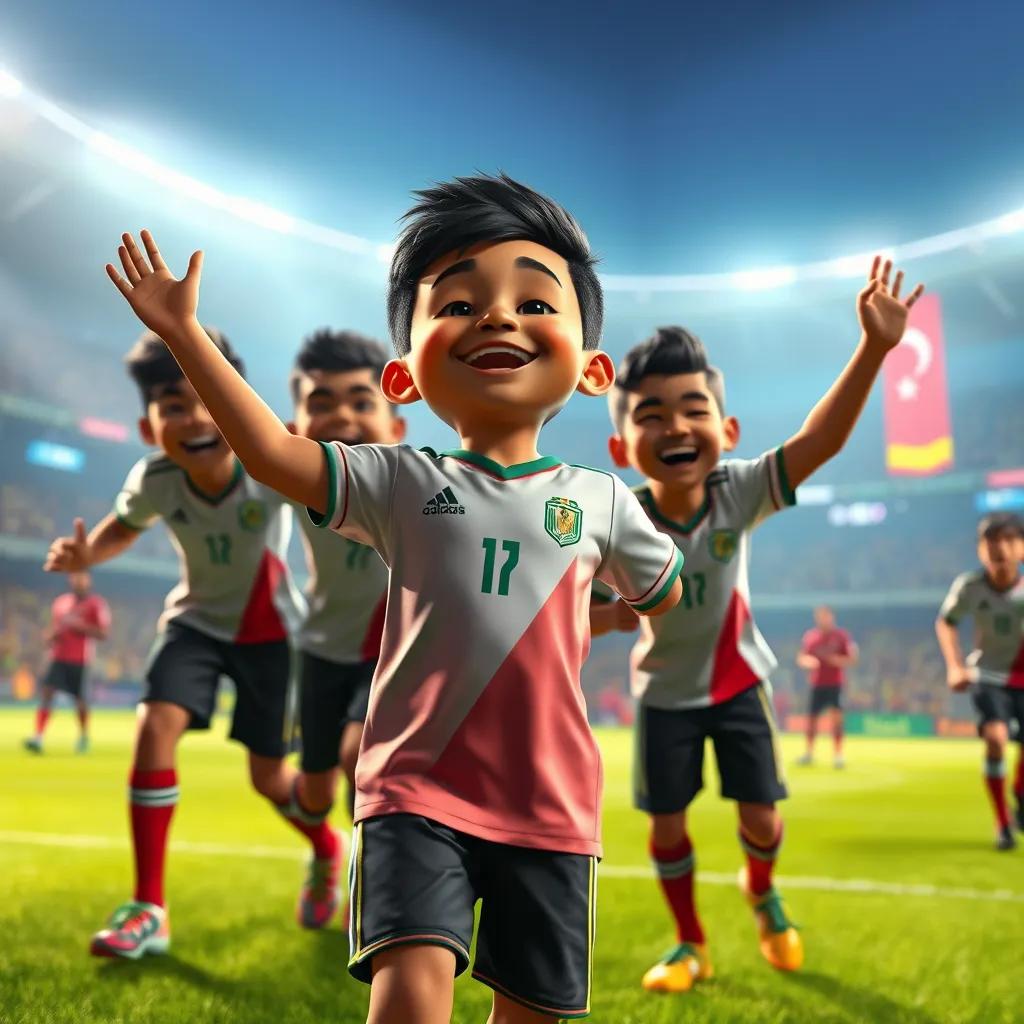 Malek, a little boy wearing an Egyptian national team jersey, celebrating with teammates after scoring a goal on a football field, joy on their faces, bright stadium lights, colorful scene, high quality digital art