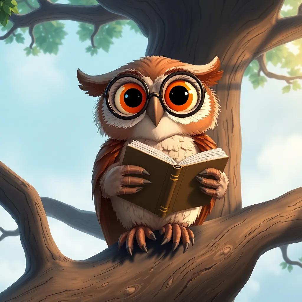 An old owl sitting on a giant tree branch, wearing round glasses and holding a big book in her wings, eyes wide open like two oranges, dreamlike atmosphere, soft colors, whimsical style, high quality