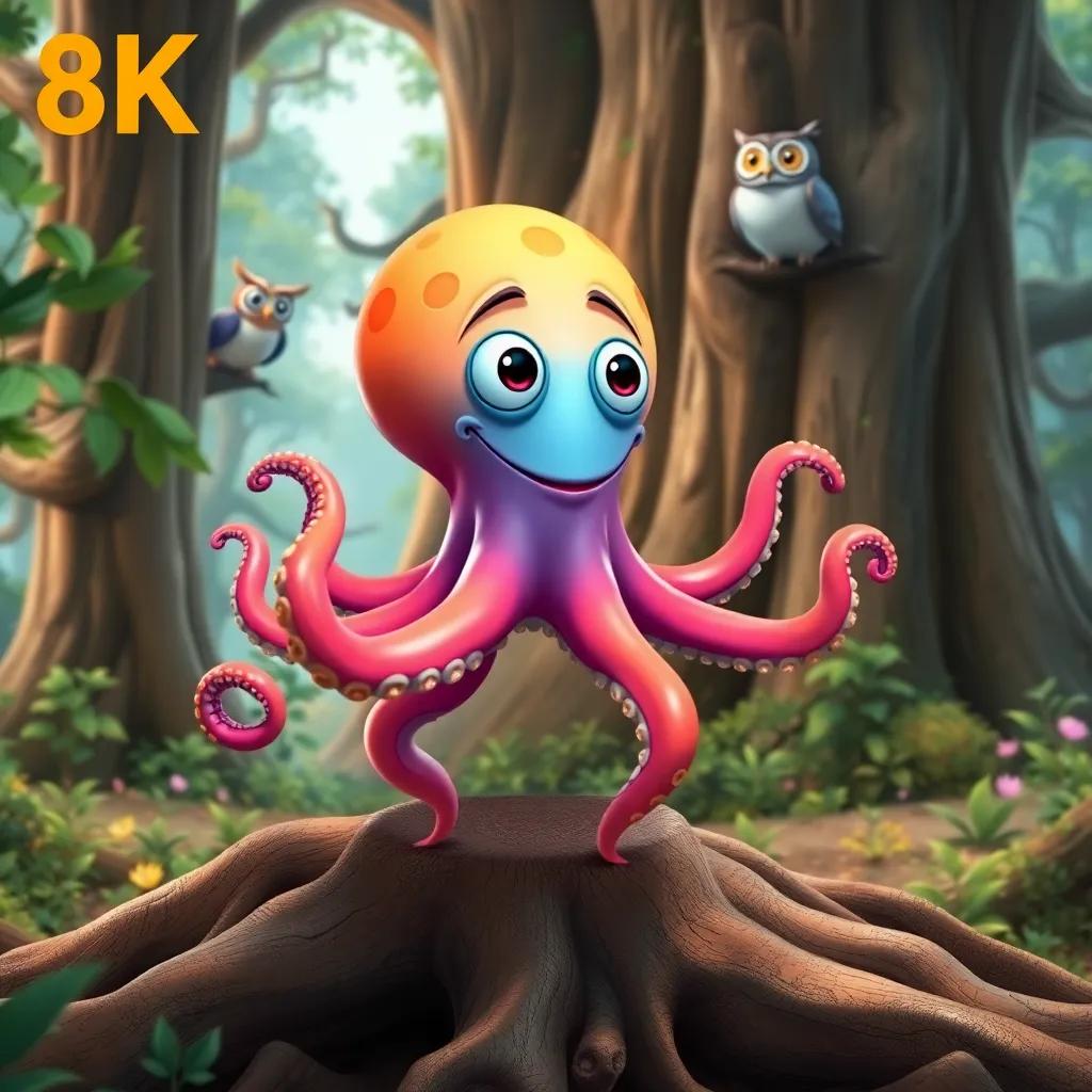 A colorful octopus walking on eight legs, smiling, balancing on tree roots in a whimsical forest, with the giant tree and owl in the background, cheerful vibe, vibrant colors, playful detail, high quality