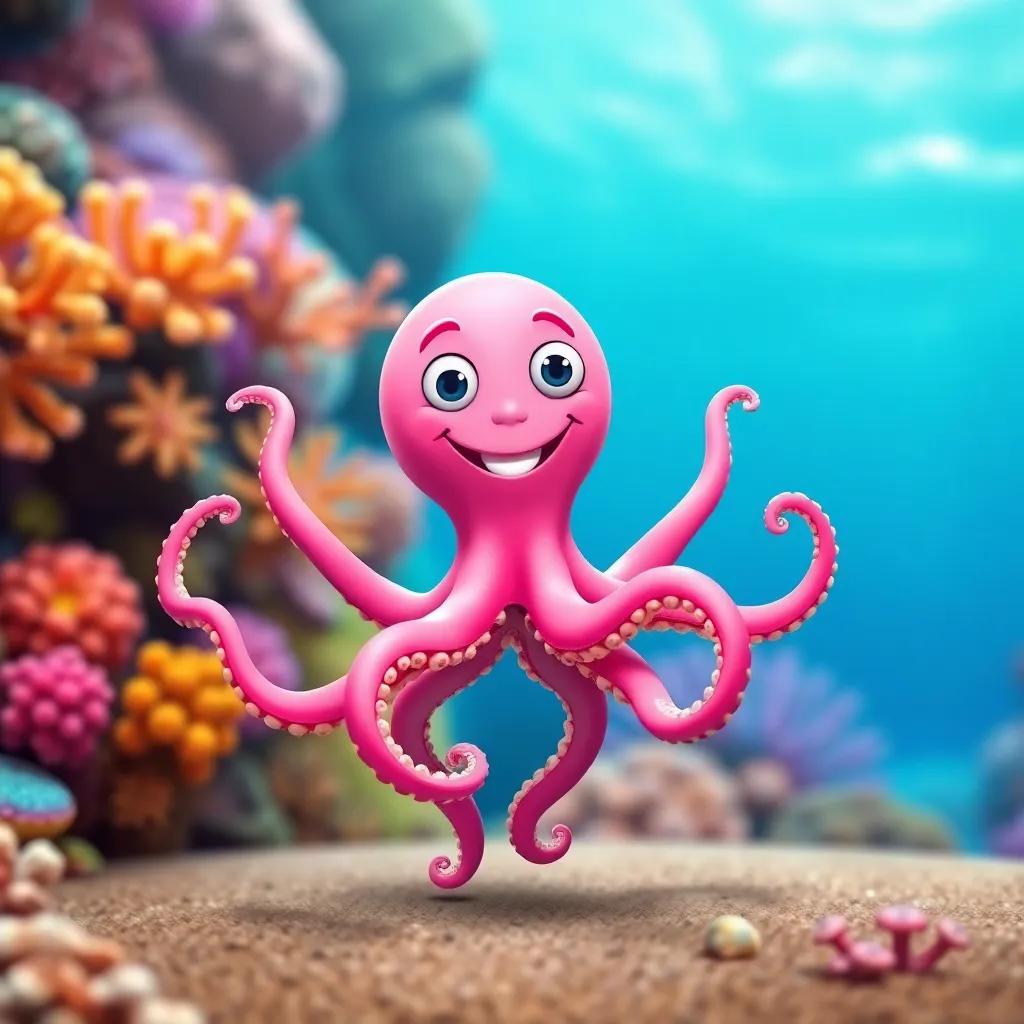 An octopus happily walking on his eight legs, being bright pink with a big smile, dancing a jig with colorful coral reef in the background, cartoon style, cheerful vibe, vivid colors, child-friendly
