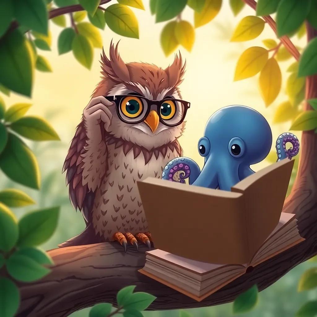 The owl adjusting her glasses and inviting the octopus over, with a big book open on a nearby branch, surrounded by green leaves and a hint of sunset, cheerful illustration, engaging perspective, colorful
