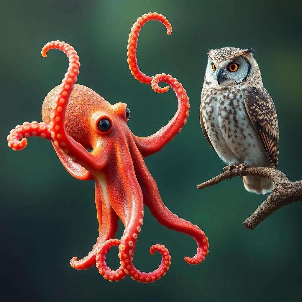 The octopus spinning around excitedly, waving his tentacles, looking up at the owl while the owl comfortably sits on a branch, playful scene, vibrant colors, high quality