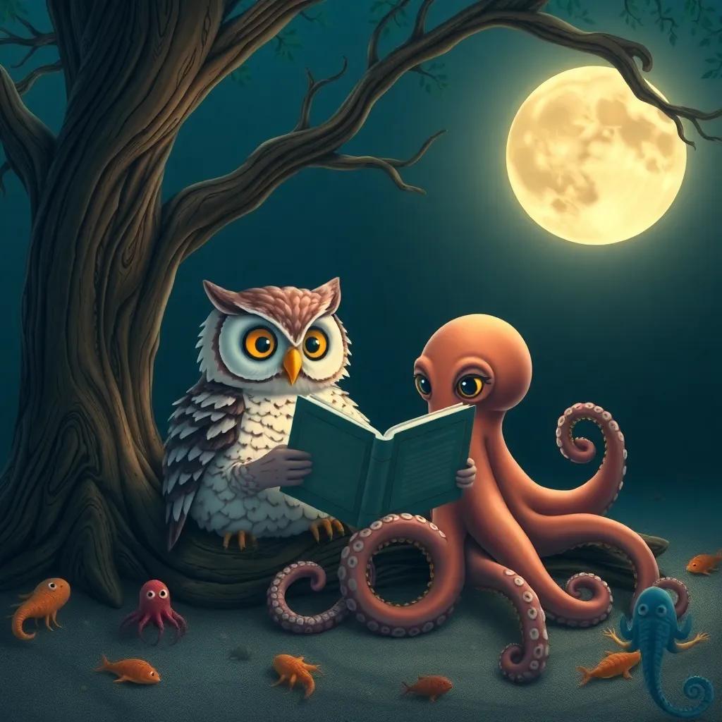 The owl and octopus sitting together under the old tree as the owl reads about ocean friends, with soft moonlight illuminating them and playful sea creatures around, calm scene, enchanting, detailed