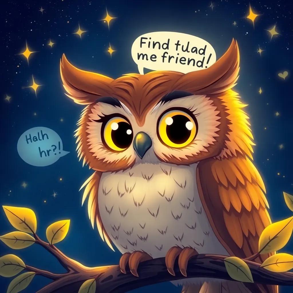 An illustration of the owl’s eyes twinkling with excitement as she suggests finding a friend, surrounded by stars and leaves, night sky setting, imaginative, bright colors, engaging
