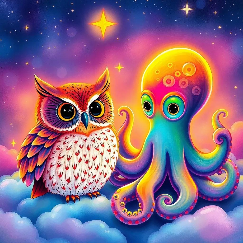 The owl and octopus drawing with rainbow colors, creating fantastic creatures in their dreamscape, with starry sky and warm light, imaginative scene, colorful, engaging, inviting