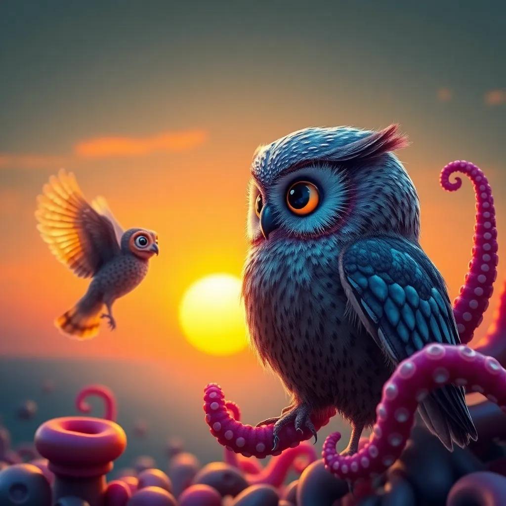 The owl waving goodbye to the octopus as the sun comes up, with their colorful dream world slowly fading, bright dawn, warm colors, nostalgic feel, charming