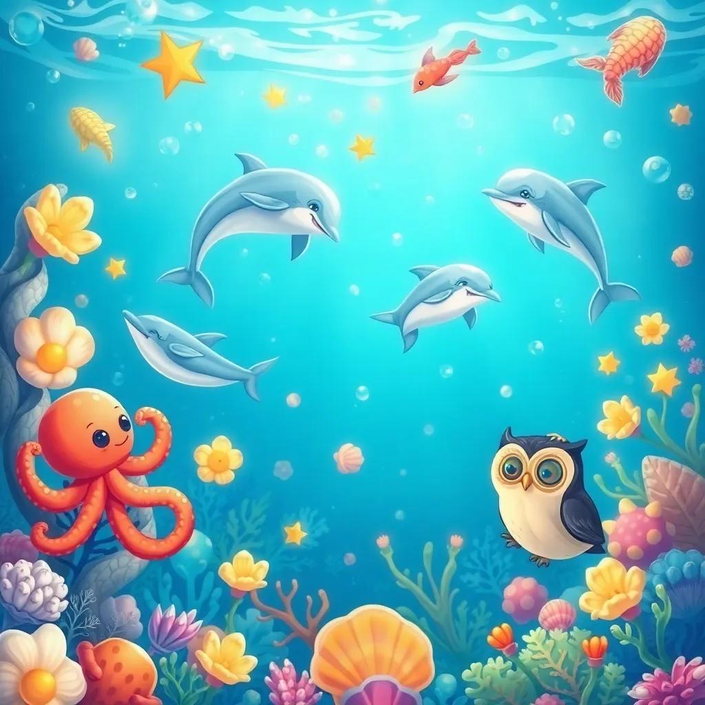 Illustration of the ocean scene filled with dancing dolphins and shining shells, while the octopus and owl are imagining their next adventure, bright and cheerful, child-friendly illustration, vivid details