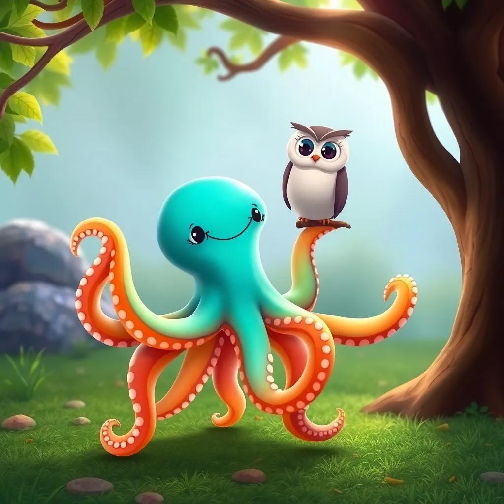 An octopus walking on its eight flexible legs, smiling cheerfully at the owl, with sparkling eyes, beneath the tree, vibrant colors, cheerful scene, child-friendly, high detail