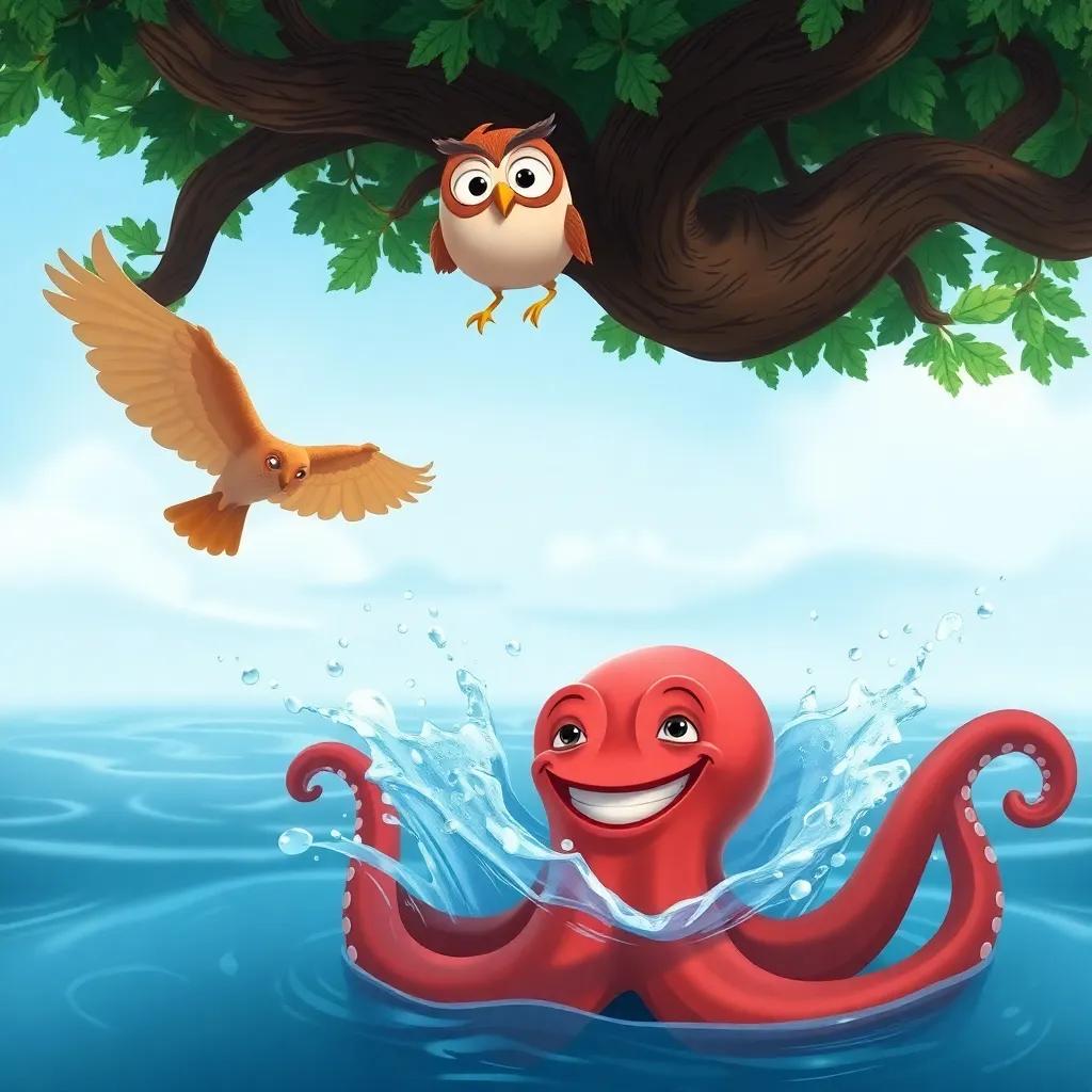 The owl flying down from her tree, looking eager and excited, the octopus below waiting with a big smile, surrounded by a splash of water, friendly and inviting mood, visual storytelling style