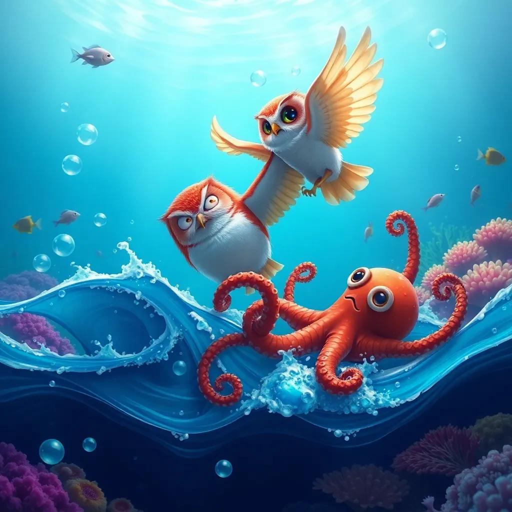 The owl and octopus playing in the ocean, the owl gliding over the waves, surrounded by bubbles and fish, vibrant coral reef in the background, detailed digital art, enchanting underwater scene