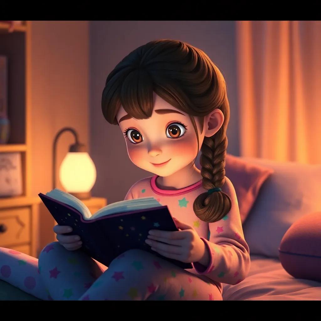 A young girl, Emily, with brown hair tied in a braid, wearing colorful pajamas, reading a book about stars in her cozy bedroom, soft light from a night lamp, warm colors, inviting atmosphere, high quality