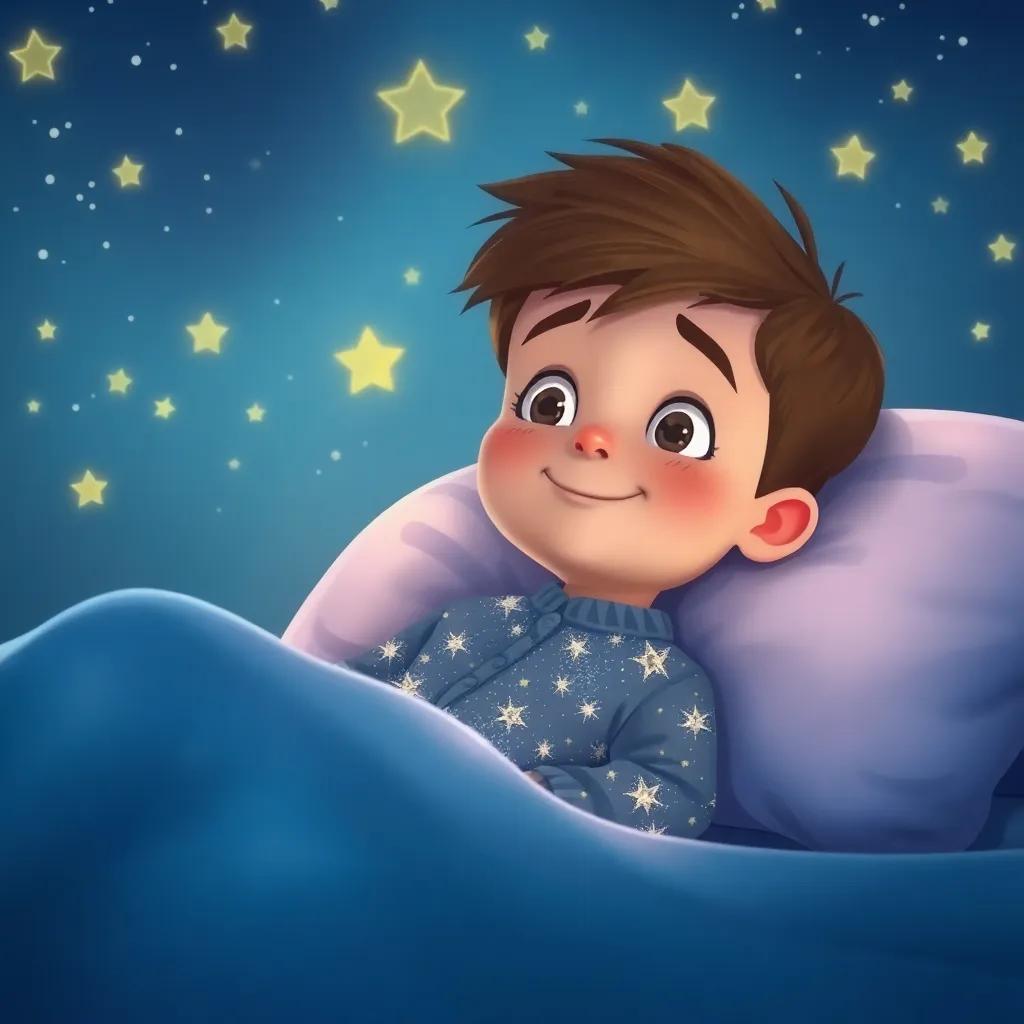 A curious boy named Sam, wearing sparkling pajamas, lying in bed surrounded by a calm night sky filled with stars, digital art, whimsical, soft lighting, dreamy colors, high quality