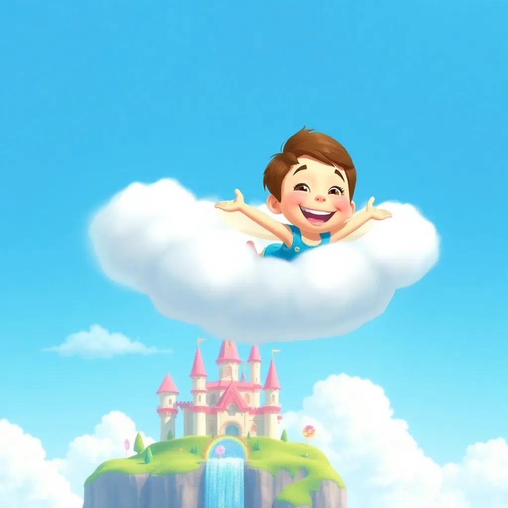 Sam flying through the sky on a fluffy white cloud with a bright blue background, joyful expression, with candy castle and rainbow waterfall below, digital painting, vibrant colors, cheerful atmosphere, high quality