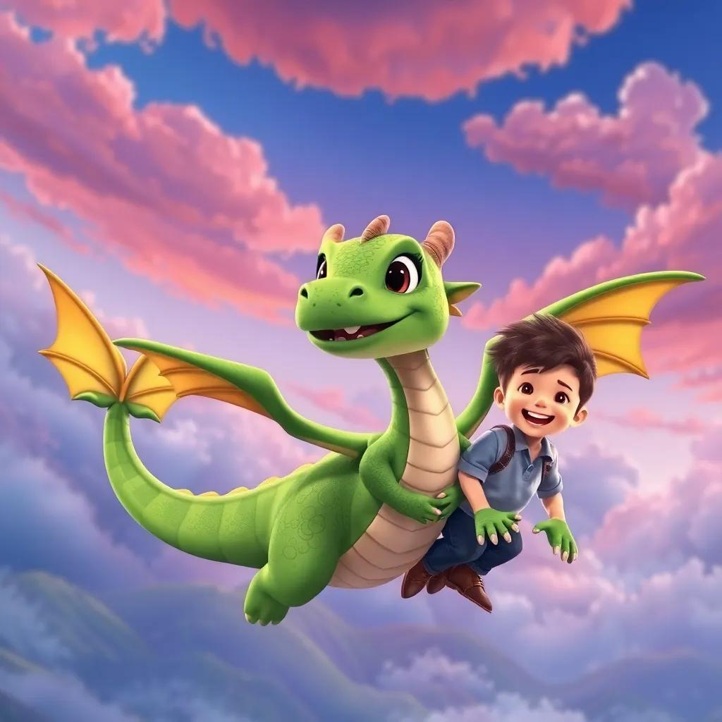 A friendly green dragon named Draco, soaring through the colorful sky with Sam, who looks excited, detailed illustration, lush colors, playful vibe, high quality