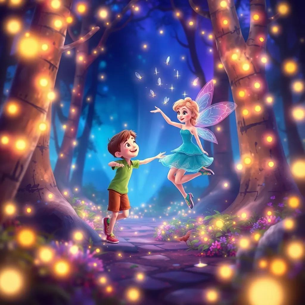 A magical forest filled with dancing fireflies, Sam and a fairy named Lila twirling in the air, sparkling light surrounding them, digital art, enchanting colors, joyful scene, high quality