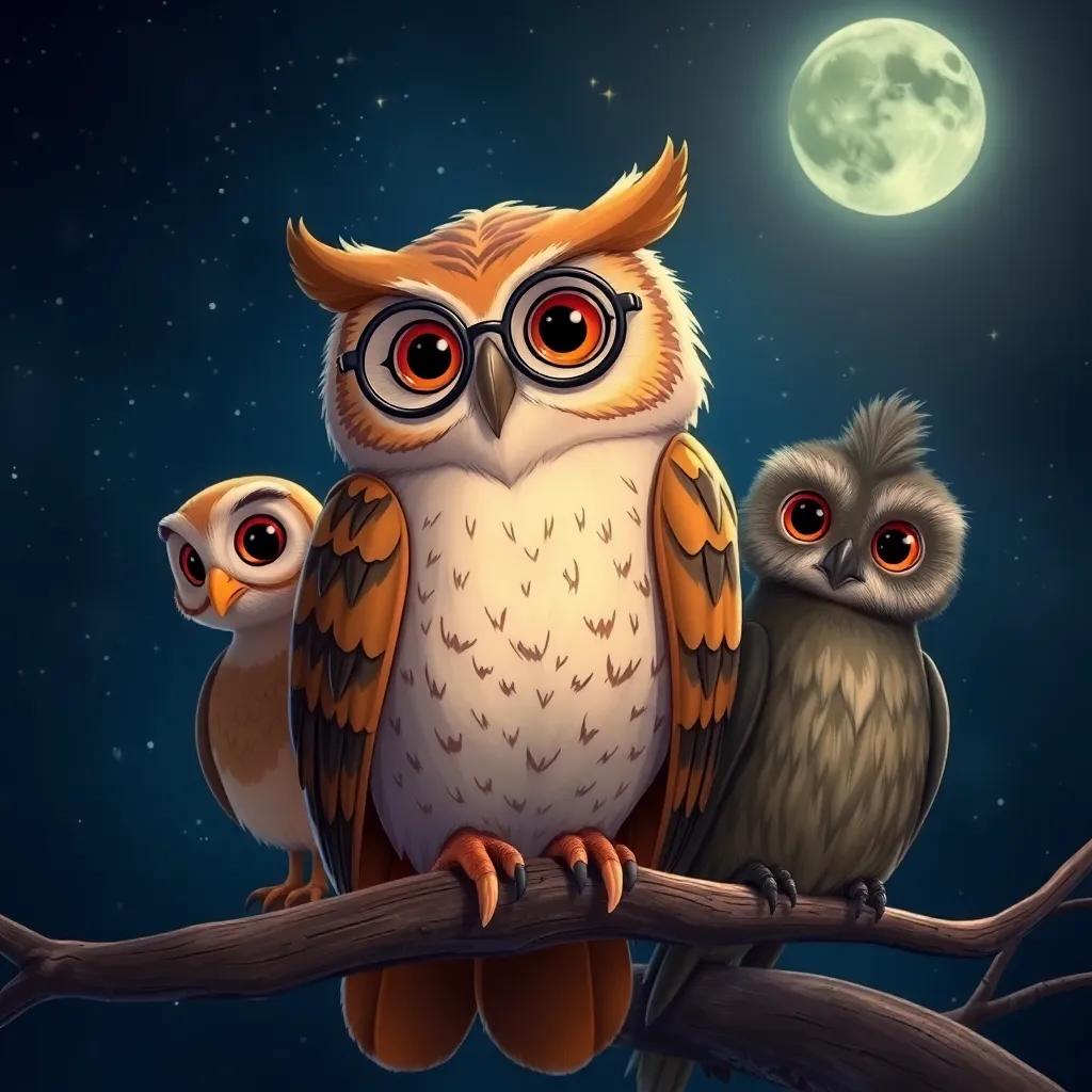 An old owl named Oliver, wearing round glasses perched on a branch, looking wise beside Sam and Draco, surrounded by a starry night sky, detailed digital art, warm colors, gentle atmosphere, high quality