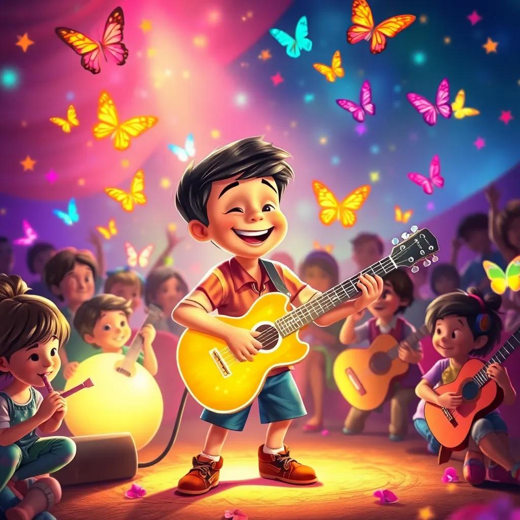 A vibrant music festival with children playing magical instruments, colorful butterflies floating around, Sam playing a glowing guitar with joy, digital painting, festive colors, lively scene, high quality