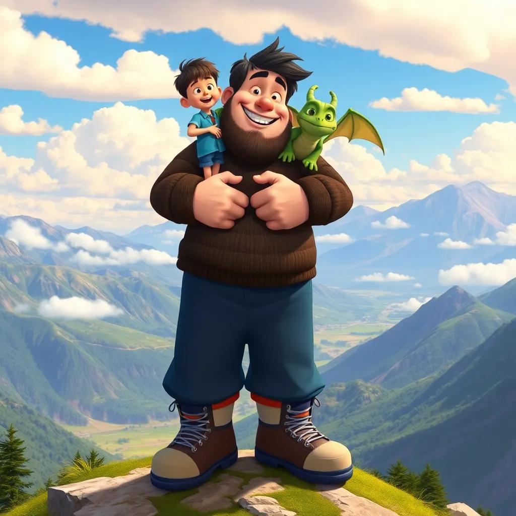 A gentle giant named Bobo with oversized shoes and a big smile, lifting Sam and Draco onto his shoulder, breathtaking mountain scenery with clouds and valleys below, illustration, bright colors, heartwarming scene, high quality