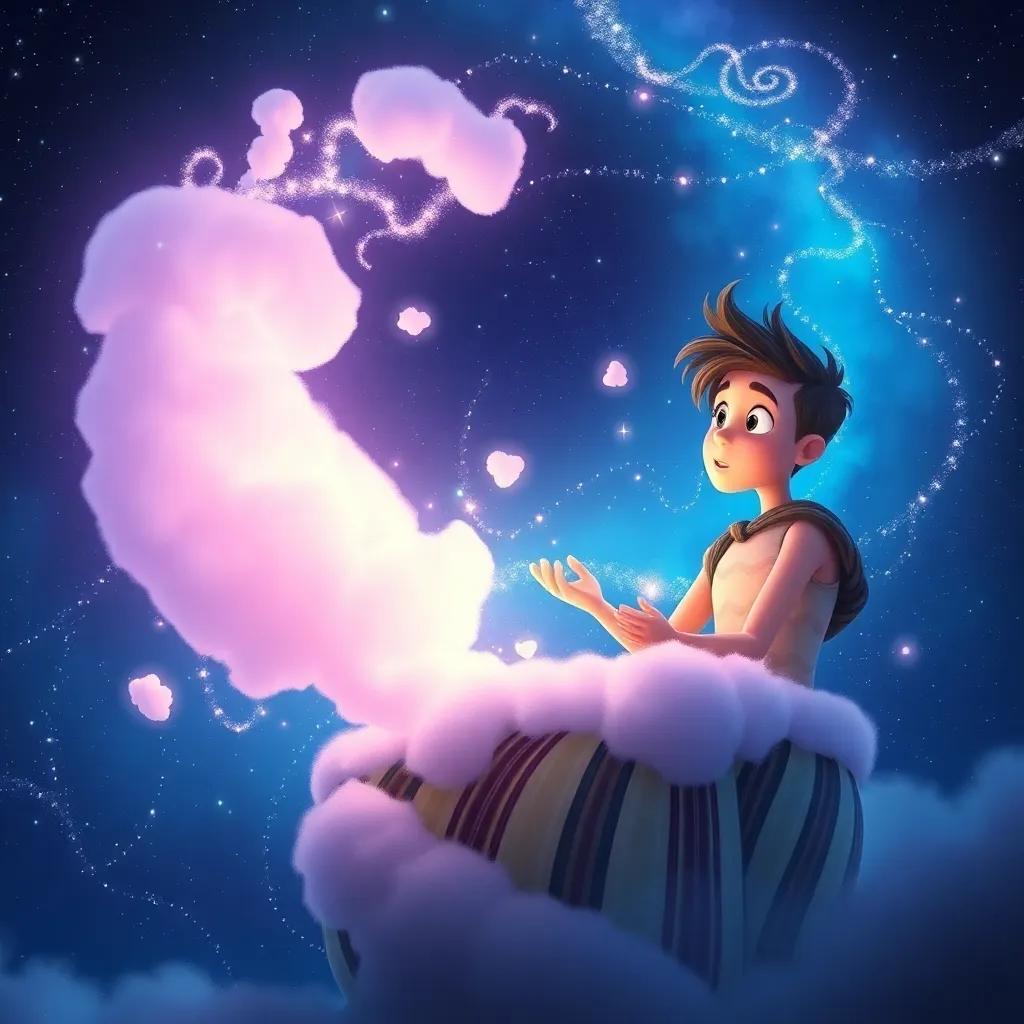 The Dreamweaver spinning dreams like cotton candy, surrounded by sparkling dream dust, Sam looking amazed, in a starry night sky with a glowing aura, digital art, mystical colors, dreamlike quality, high quality