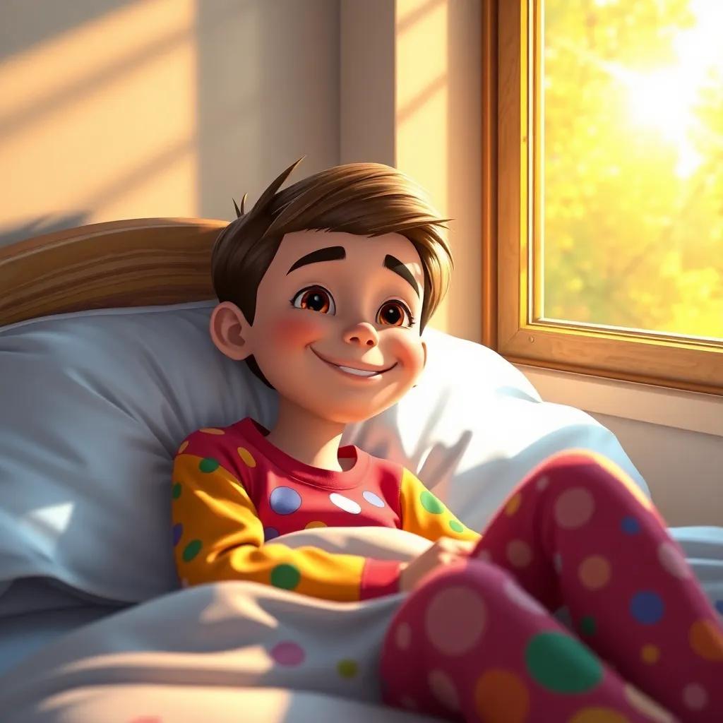 Sam with a smile awake in bed with colorful pajamas next to him, morning light streaming through the window filled with warmth, digital painting, bright colors, cozy atmosphere, high quality