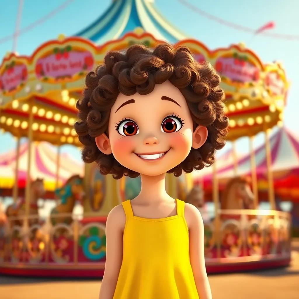 Lucy, a cheerful 7-year-old girl with curly brown hair, wearing a bright yellow dress, standing in front of a magical carousel at a fair, colorful tents in the background, digital art, vibrant colors, warm sunlight, joyful atmosphere, high quality