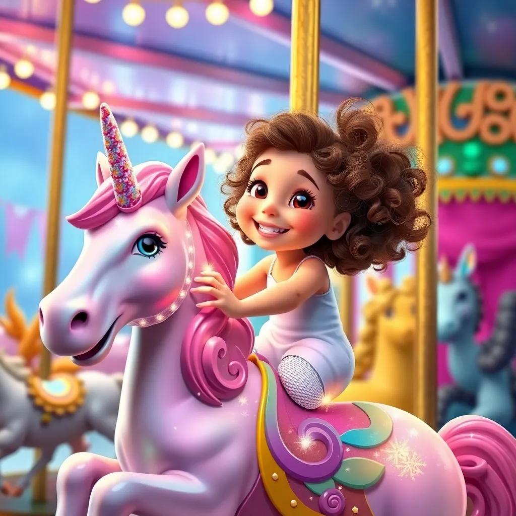 Lucy, a cheerful 7-year-old girl with curly brown hair, riding a sparkling unicorn on a carousel, unicorn shimmering with colors, surrounded by other magical animals, joyful scene, digital art, bright colors, magical feel, high quality