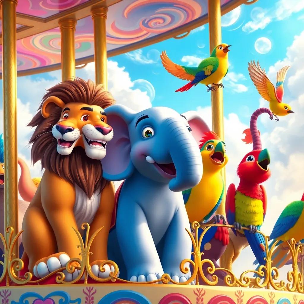 A majestic lion, a cheerful elephant, and colorful birds, all alive and happy on the carousel with Lucy, animals smiling and laughing, swirling clouds of color above, joyful atmosphere, digital painting, bright colors, high quality