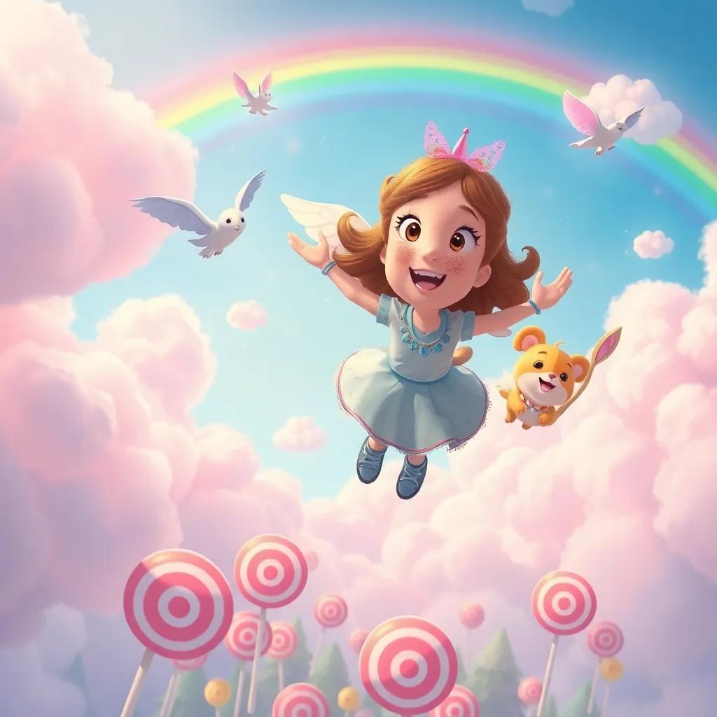 Lucy and her magical animal friends soaring through cotton candy clouds, trees made of lollipops below, shimmering rainbow in the sky, whimsical adventure, digital art, cheerful colors, high quality
