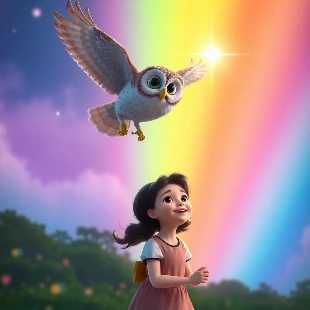 A wise old owl flying above Lucy, who is excited and looking up, colorful rainbow in the background with a shining star at the end, elegant and magical scene, digital art, bright colors, high quality