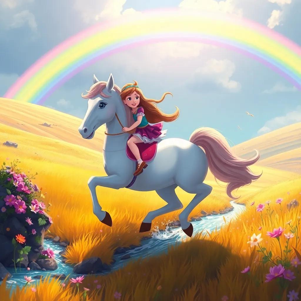 Lucy on her unicorn galloping swiftly across golden fields, surrounded by flowers and sparkling streams, a rainbow arching beautifully in the background, adventurous feel, digital painting, vibrant colors, high quality
