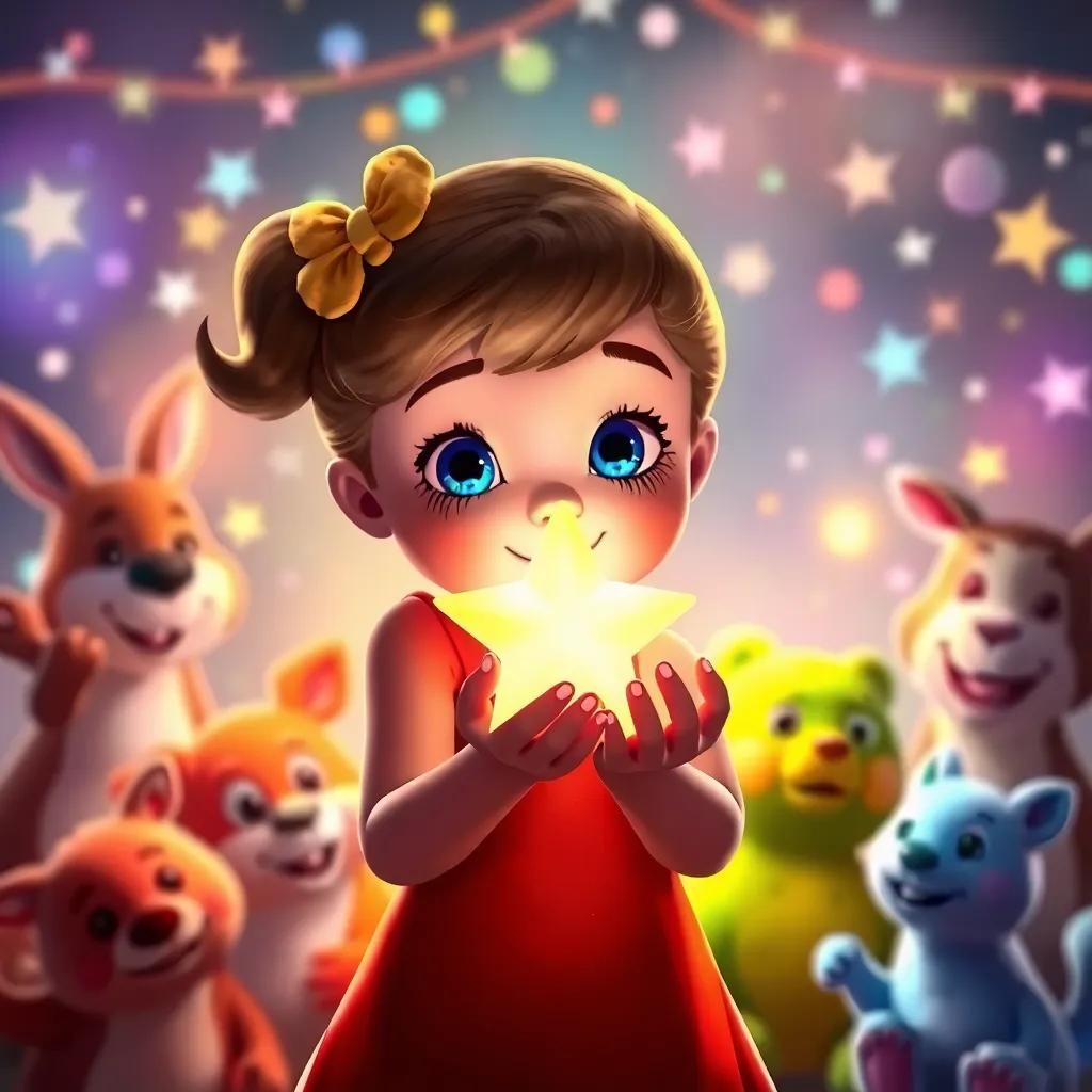 Lucy holding a soft and warm glowing star in her hands, surrounded by her animal friends celebrating, colorful background with lights and sparkles, magical moment, digital art, bright colors, high quality
