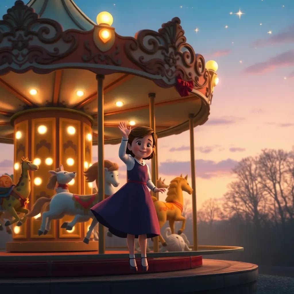 The carousel slowing down at twilight, Lucy waving goodbye to the animals, stars beginning to twinkle in the sky, warm and cozy atmosphere, digital painting, soft colors, high quality