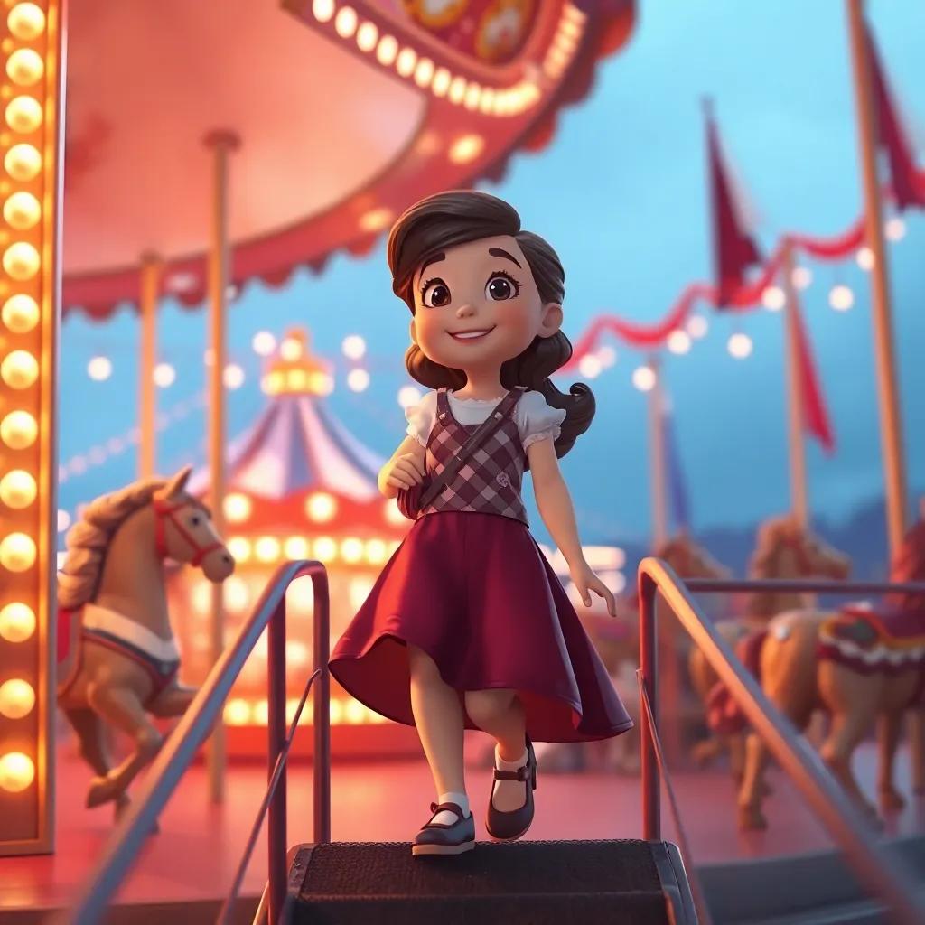 Lucy stepping off the carousel, smiling and filled with wonder, with the fair fading behind her, a warm glow in her heart, dreamy atmosphere, digital art, soft colors, high quality