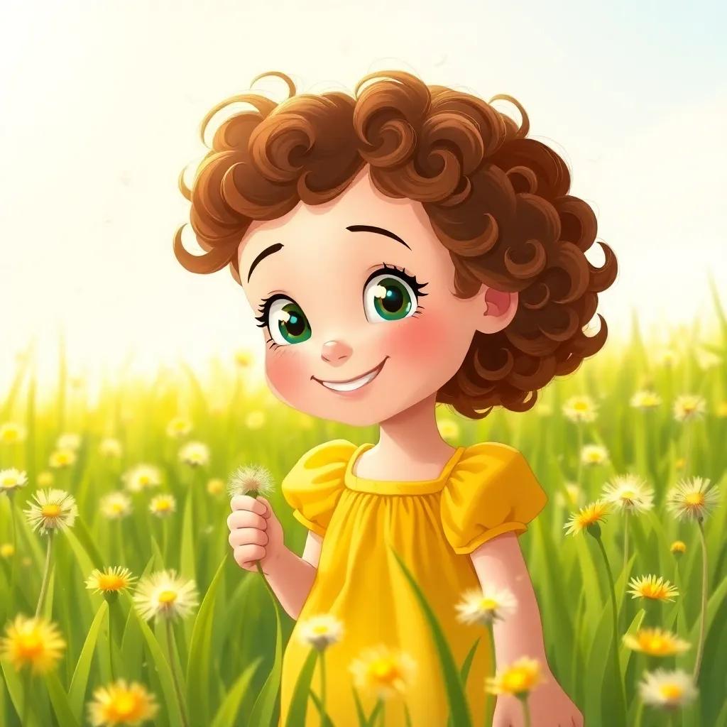 A curious young girl, Lucy, with curly brown hair and a bright yellow dress, standing in a sunny meadow filled with dandelions, smiling as she picks one, soft sunlight illuminating the grass, cheerful atmosphere, whimsical illustration, vibrant colors, high quality