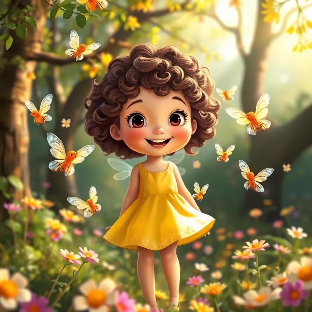 Lucy, a young girl with curly brown hair in a yellow dress, surrounded by tiny fairies with iridescent wings dancing around her, in a hidden glade with colorful flowers blooming, magical light filtering through the trees, joyful scene, illustration, enchanting details, child-friendly