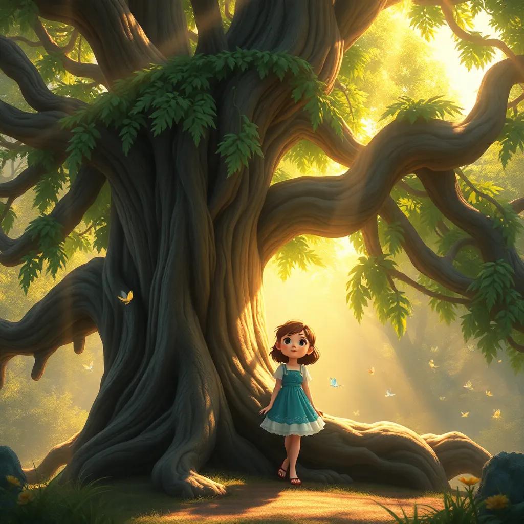 A beautiful ancient tree with a wide trunk and singing leaves, Lucy leaning against it, listening intently, surrounded by fairies fluttering around, warm sunlight cascading down, serene atmosphere, fantasy style, heartwarming details, high quality