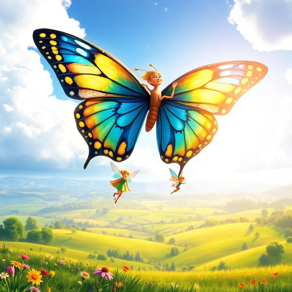 A colorful butterfly with blue and gold wings, carrying Lucy and fairies through a bright sky over a meadow, below them, green fields, flowers, and forests, a picturesque view, adventure-themed illustration, lively and magical, high quality