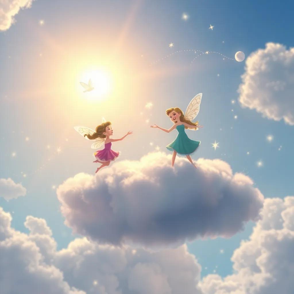 Lucy and the fairies dancing on a fluffy cloud, with trails of sparkling light surrounding them, the sky filled with whimsical shapes and colors, a sense of joy and wonder, fantasy art, radiant colors, cheerful atmosphere, high quality