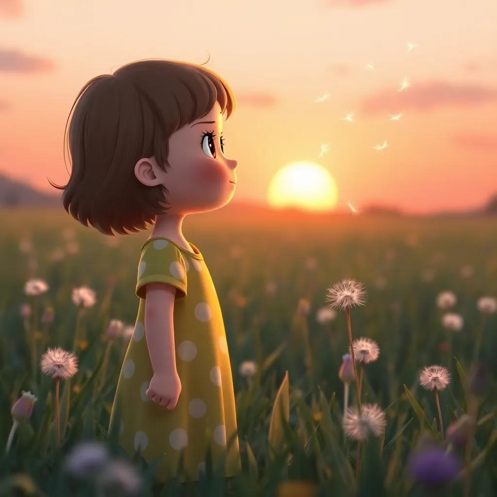 Lucy standing in the meadow, watching dandelion seeds float away in the warm breeze, a soft sunset in the background, feeling grateful for her adventure, colorful and tranquil scene, high quality, inspirational and uplifting atmosphere