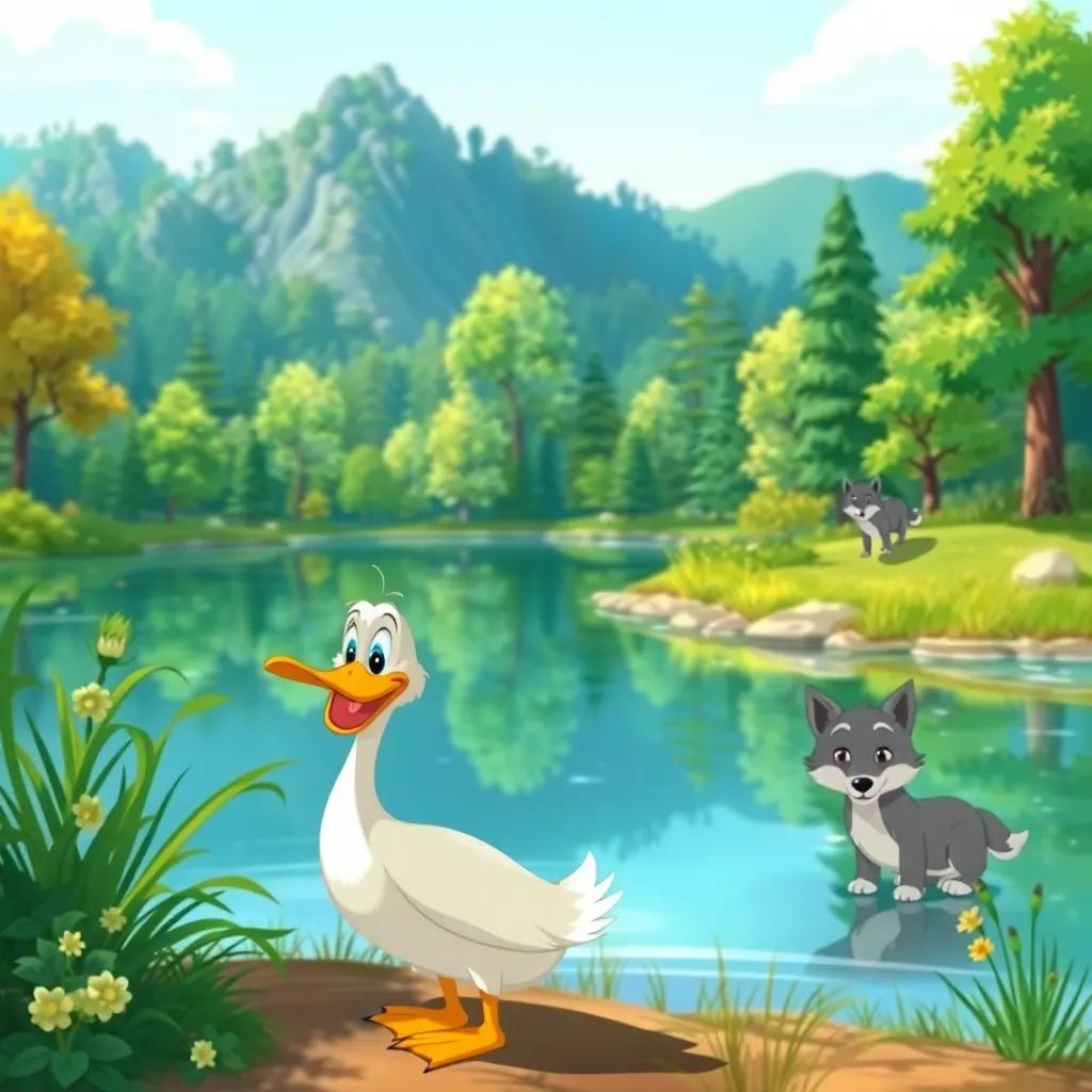 A tranquil lake surrounded by lush trees, a cheerful duck named Daffy quacking near the water, a cautious gray wolf named Wren peeking from the bushes, bright day, colorful, idyllic landscape, detailed illustration, whimsical style, vibrant colors, high quality